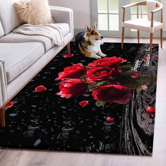 Area Rug for Living Room, Red Roses Non-Slip Indoor Large Carpet for Bedroom/Dining Room, Valentines Day Romantic Petal Floral Black Washable Low-Profile Rectangle Floor Mat Runner Rugs - 2.7 x 5 Ft