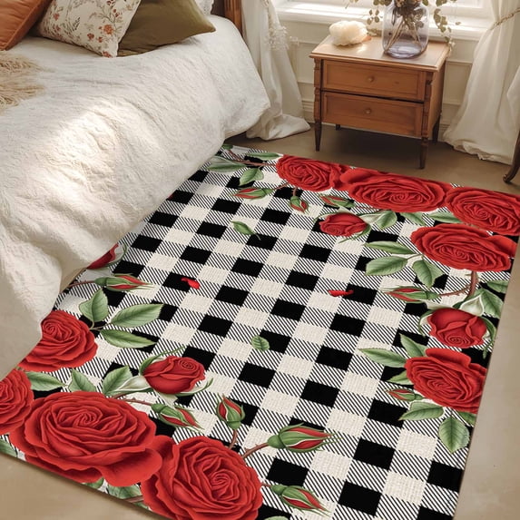 Area Rug for Living Room, Red Roses Valentine's Day Non-Slip Indoor Large Carpet for Bedroom/Dining Room, Romantic Spring Floral Plaid Washable Low-Profile Rectangle Floor Mat Runner Rugs - 3 x 5 Ft