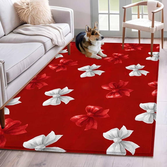 Area Rug for Living Room, Red White Bow Non-Slip Indoor Large Carpet for Bedroom/Dining Room, Modern Art Watercolor Bowknot Washable Low-Profile Rectangle Floor Mat Runner Rugs - 2.7 x 5 Ft