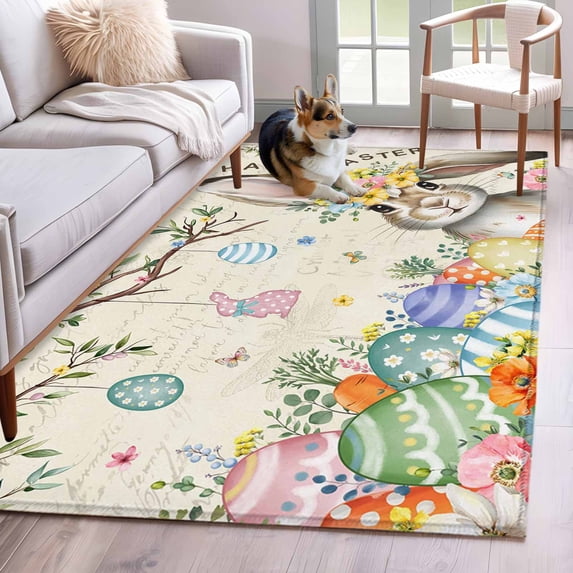 Area Rug for Living Room, Retro Easter Bunny Non-Slip Indoor Large Carpet for Bedroom/Dining Room, Spring Easter Eggs Floral Botanical Washable Low-Profile Rectangle Floor Runner Rugs - 4 x 6 Ft