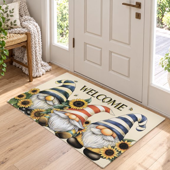 Area Rug for Living Room Retro Summer Sunflower Dwarf Bee Washable Rug 2x3ft, Soft Non-Slip Cushion Rugs Chenille Sponge, Blue Red Striped Hat Floor Carpet for Bedroom Dining Room Office Nursery Home