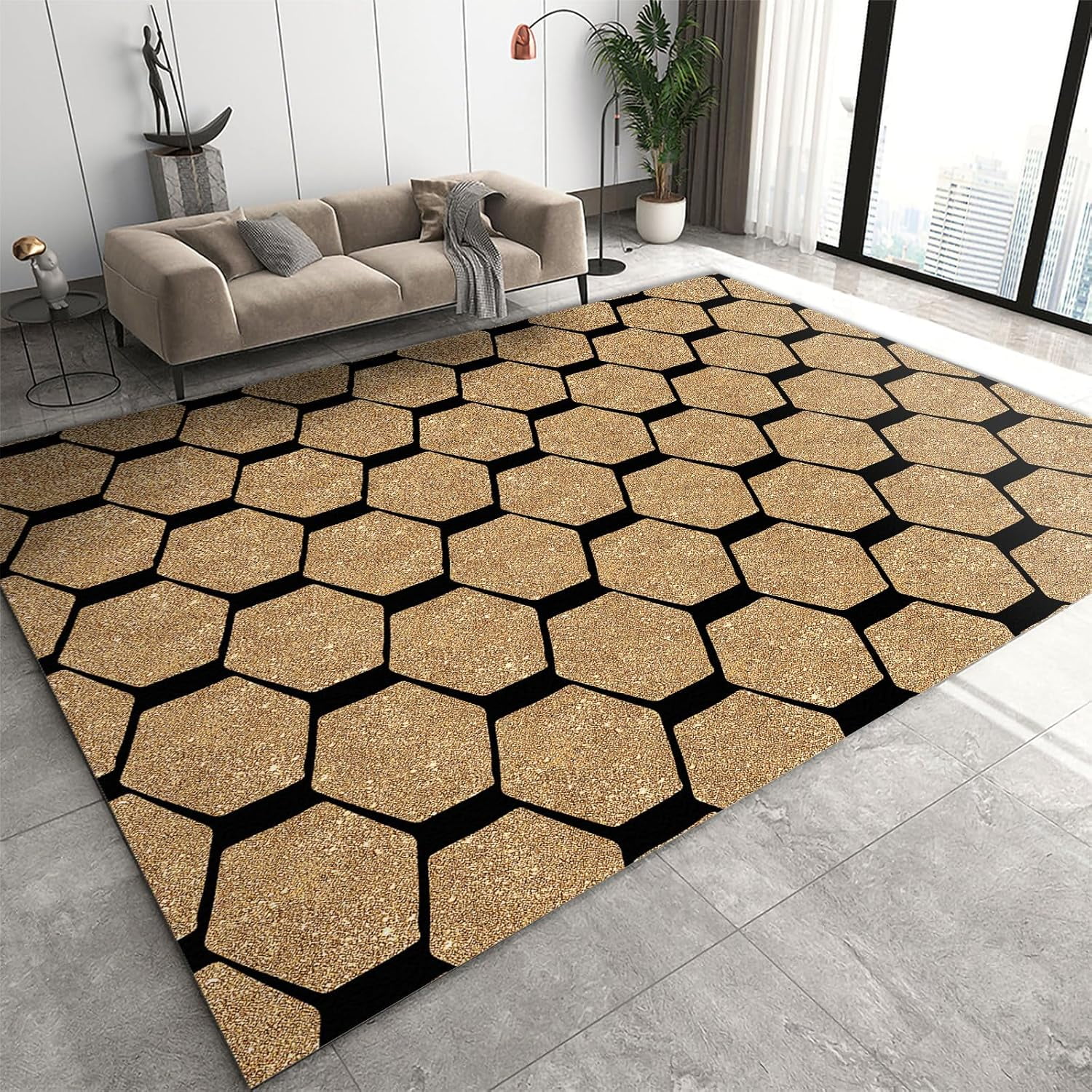 Area Rug Living Room Rug, Luxurious Hexagonal Golden Geometric Grid ...