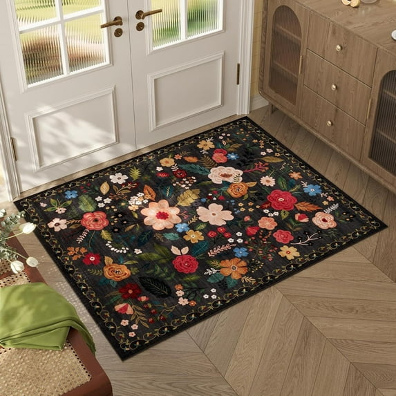 Door Mat Washable Boho Door Mat Non Slip Welcome Mat Rug Floral Vintage Indoor Floor Carpet Low Pile Large Rugs for Living Room, Bedroom, Farmhouse, Dining Room, Playroom