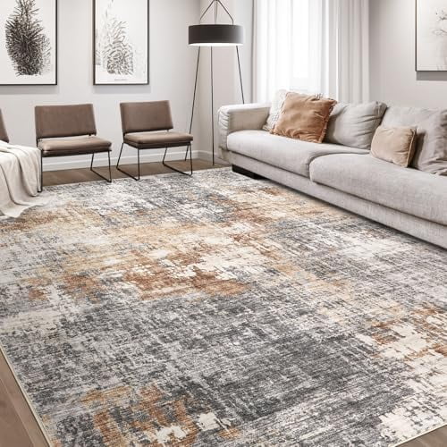 Area Rug Living Room Rugs - 7x9 Washable Large Soft Indoor Neutral Modern Abstract Low Pile Rug Carpet for Bedroom Dining Room Farmhouse Home Office - Grey Brown