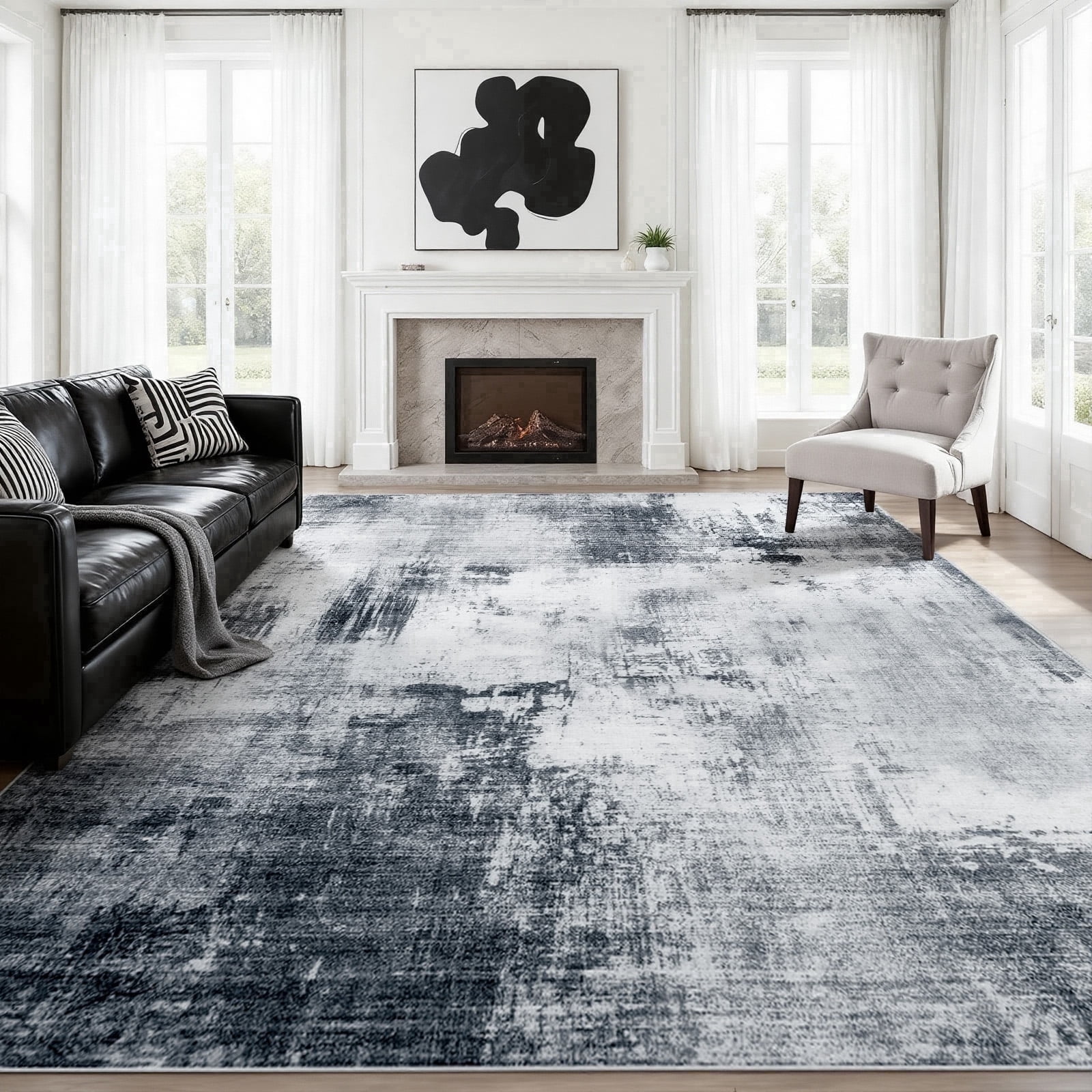 8x10 Large Area Rugs for Living Room- Modern Abstract Area Rugs Machine Washable Rugs, Non-Slip Soft Neutral Farmhouse Carpet Rugs for Bedroom, Dining Room, Home Office ,Black