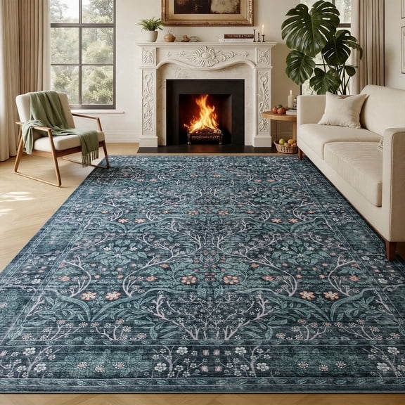 PLEASOR 6'x9' Area Rug for Living Room, Green Washable Area Rugs with Non-Slip Backing, Boho Floral Vintage Carpets Low Pile for Dining Room, Bedroom, Home Office,Nursery, Apartment,Retro Green