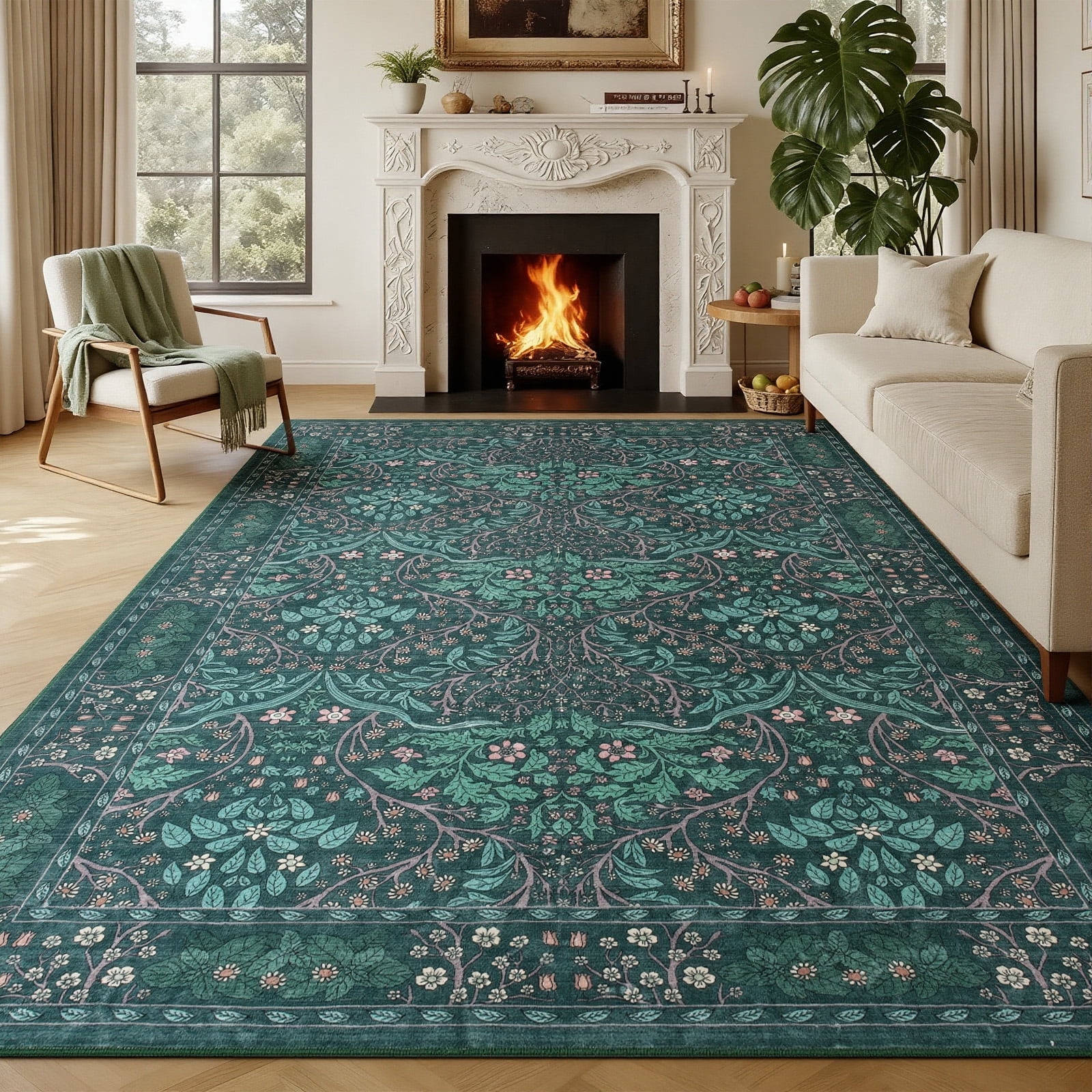 PLEASOR 8'x10' Area Rug for Living Room, Green Washable Area Rugs with Non-Slip Backing, Boho Floral Vintage Carpets Low Pile for Dining Room, Bedroom, Home Office, Indoor, Nursery, Apartment