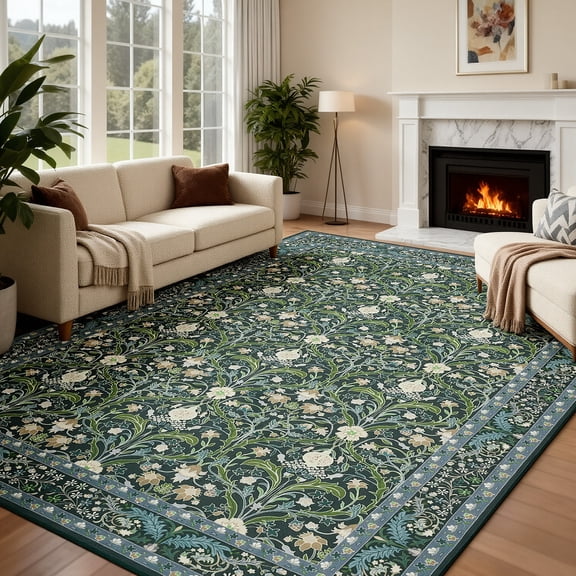 8x10 Area Rugs for Living Room, Green Washable Area Rugs with Non-Slip Backing, Boho Floral Vintage Carpets Low Pile for Dining Room, Bedroom, Home Office, Indoor, Nursery, Apartment.
