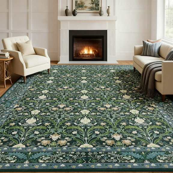 5x7 Area Rugs for Living Room, Washable Area Rugs with Non-Slip Backing, Boho Floral Vintage Carpets Low Pile for Dining Room, Bedroom, Home Office, Indoor, Nursery, Apartment.