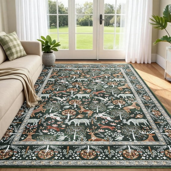 5x7 Area Rugs for Living Room- Green Washable Non Slip Rug Animal Soft Low Pile Carpet Indoor Decor Throw Rug for Bedroom Kitchen Dining Bathroom.