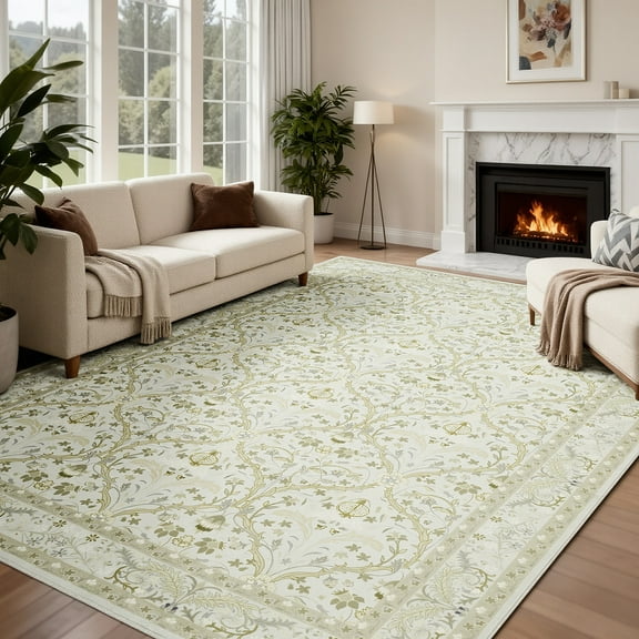 8x10 Area Rugs for Living Room, Washable Area Rugs with Non-Slip Backing, Boho Floral Vintage Carpets Low Pile for Dining Room, Bedroom, Home Office, Indoor, Nursery, Apartment.