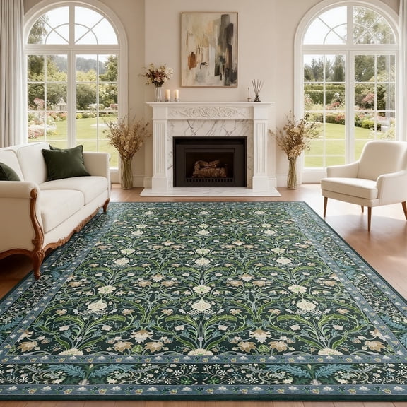 6x9 Area Rugs for Living Room, Washable Area Rugs with Non-Slip Backing, Boho Floral Vintage Carpets Low Pile for Dining Room, Bedroom, Home Office, Indoor, Nursery, Apartment.