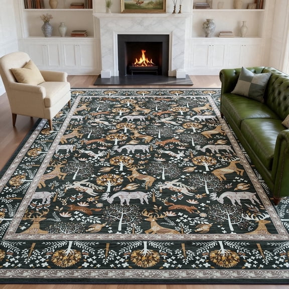 8x10 Area Rugs for Living Room- Green Washable Non Slip Rug Animal Soft Low Pile Carpet Indoor Decor Throw Rug for Bedroom Kitchen Dining Bathroom.