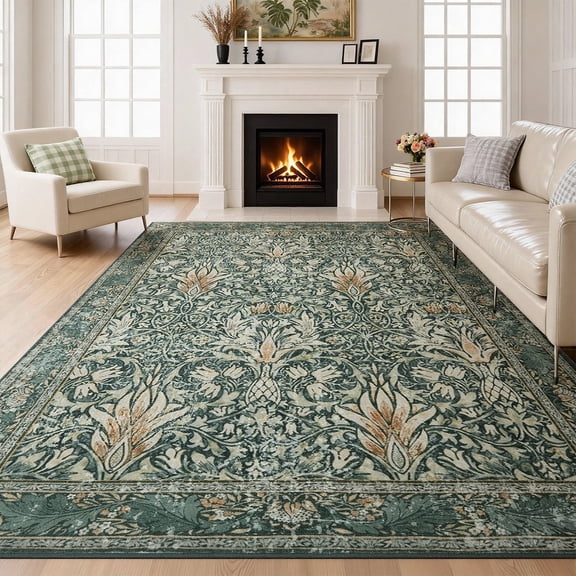 6x9 Area Rugs for Living Room, Washable Area Rugs with Non-Slip Backing, Boho Floral Vintage Carpets Low Pile for Dining Room, Bedroom, Home Office, Indoor, Nursery, Apartment.