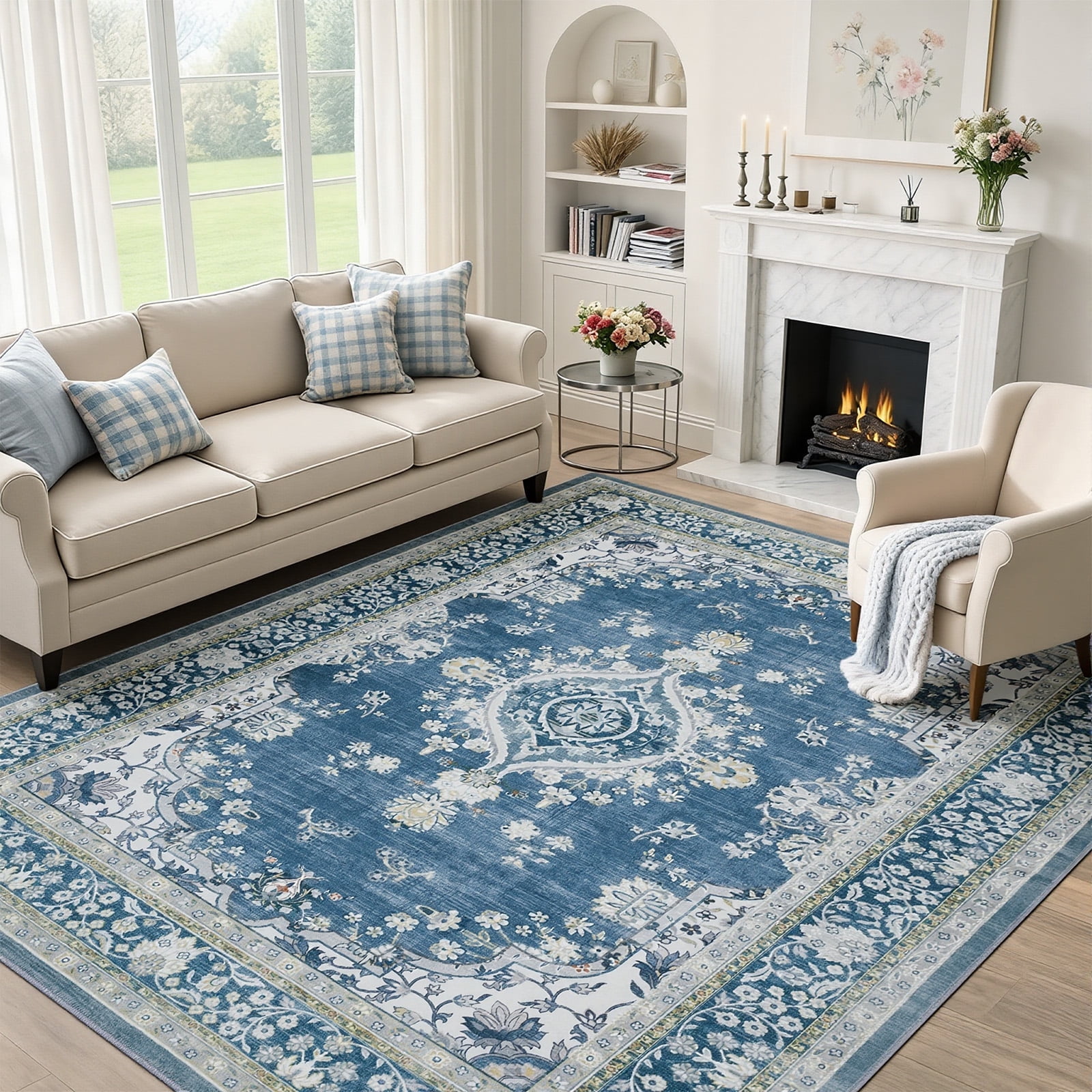 8'x10' Area Rugs for Living Room Washable, Blue Medallion  Vintage Boho Non Slip Rug- Oriental Traditional Farmhouse Carpet for Bedrooms Dining Room, Living Room, Home Office.