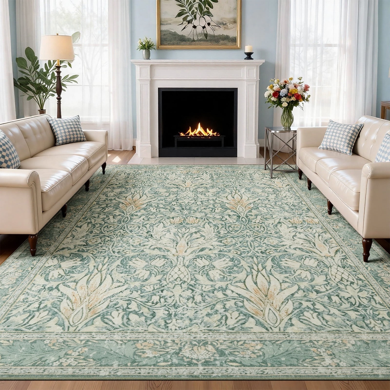 8x10 Area Rugs for Living Room, Washable Area Rugs with Non-Slip Backing, Boho Floral Vintage Carpets Low Pile for Dining Room, Bedroom, Home Office, Indoor, Nursery, Apartment.