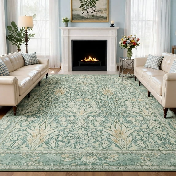 8x10 Area Rugs for Living Room, Washable Area Rugs with Non-Slip Backing, Boho Floral Vintage Carpets Low Pile for Dining Room, Bedroom, Home Office, Indoor, Nursery, Apartment.