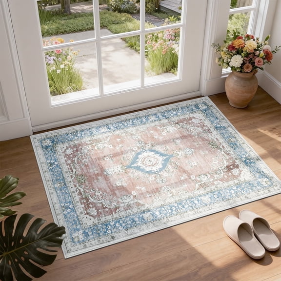 2x3 Indoor Entryway Rug, Small Persian Washable Area Rug Non-Slip Vintage Door Mat Entrance, Low Pile Floor Carpet for Door, Entrance, Farmhouse,Bathroom, Bedroom, Kitchen