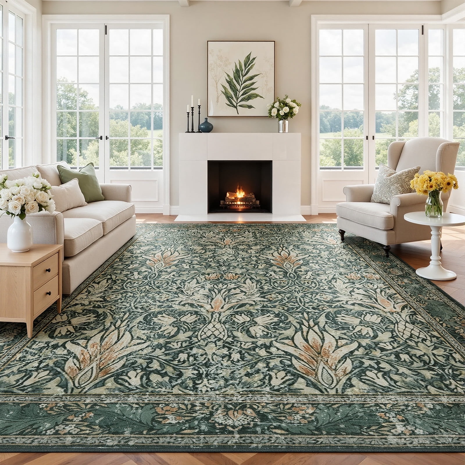 8x10 Area Rugs for Living Room, Washable Area Rugs with Non-Slip Backing, Boho Floral Vintage Carpets Low Pile for Dining Room, Bedroom, Home Office, Indoor, Nursery, Apartment.