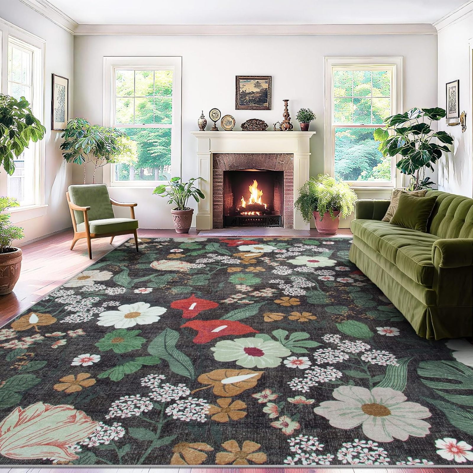 Area Rug Living Room Rugs:Washable Rug Vintage Floral Soft Boho Non ...