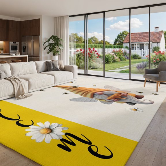 Area Rug for Living Room Rustic Dwarf Bees Daisy Flower Honey Washable Rug 8x10ft, Soft Non-Slip Cushion Rugs Chenille Sponge, Welcome Word Yellow Flax Floor Carpet for Bedroom Dining Room Office