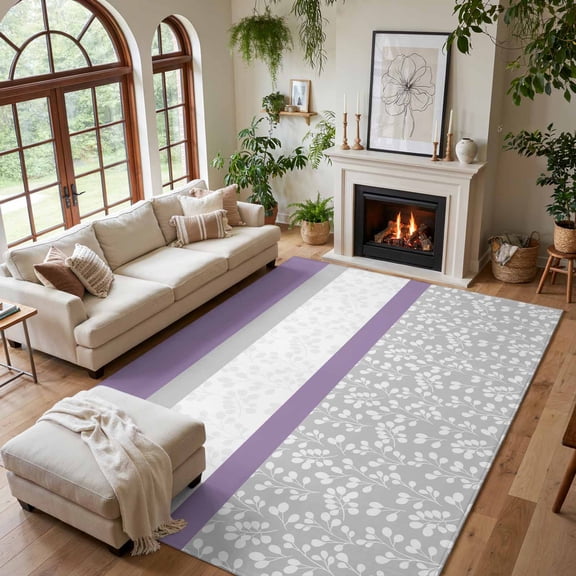 Area Rug for Living Room Rustic Flower Purple Gray Stripe Washable Rug 5x7ft, Soft Non-Slip Cushion Rugs Chenille Sponge, Classical Stitching Art Floor Carpet for Bedroom Dining Room Office Nursery