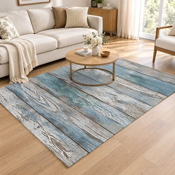 Area Rug for Living Room Rustic Teal Wood Planks Washable Rug 4x6ft, Soft Non-Slip Cushion Rugs Chenille Sponge, Minimalist Striped Floor Carpet for Bedroom Dining Room Office Nursery Home Dorm