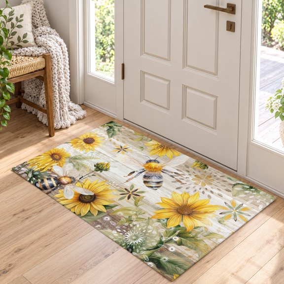 Area Rug for Living Room Rustic Vintage Sunflower Bee Leaves Washable Rug 2x3ft, Soft Non-Slip Cushion Rugs Chenille Sponge, Watercolor Floral on Wood Barn Floor Carpet for Bedroom Dining Room Office