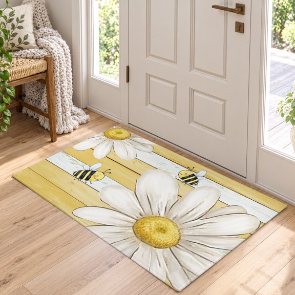 Area Rug for Living Room Rustic White Daisy Flower Bee Washable Rug 2x3ft, Soft Non-Slip Cushion Rugs Chenille Sponge, Blossom Floral Yellow Wood Barn Floor Carpet for Bedroom Dining Room Office