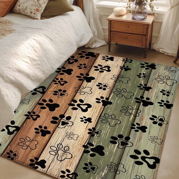 Area Rug for Living Room, Sage Green Brown Non-Slip Indoor Large Carpet for Bedroom/Dining Room, Farmhouse Dog Paw Vintage Washable Low-Profile Rectangle Floor Mat Runner Rugs - 3 x 5 Ft