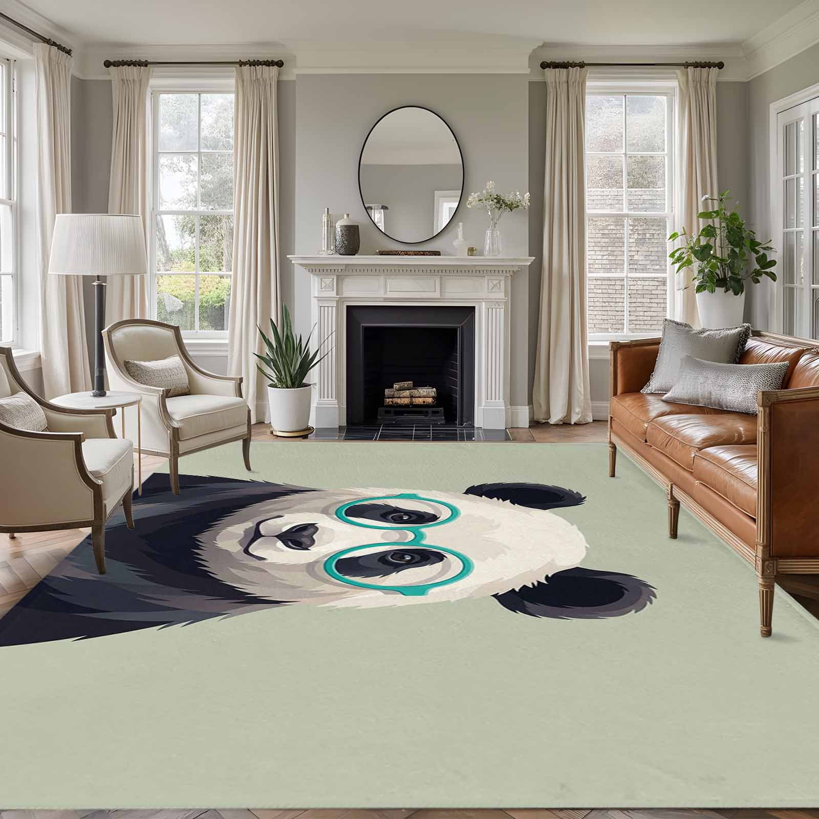 Area Rug for Living Room, Sage Green Cute Panda Non-Slip Indoor Large ...