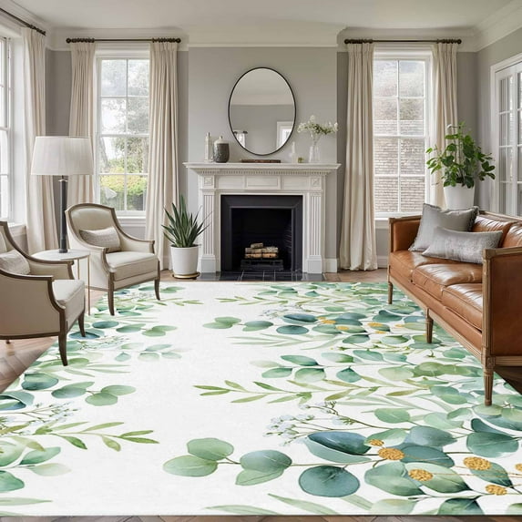 Area Rug for Living Room, Sage Green Eucalyptus Leaves Non-Slip Indoor Large Carpet for Bedroom/Dining Room, Spring Summer Botanical Washable Low-Profile Rectangle Floor Runner Rugs - 6 x 9 Ft