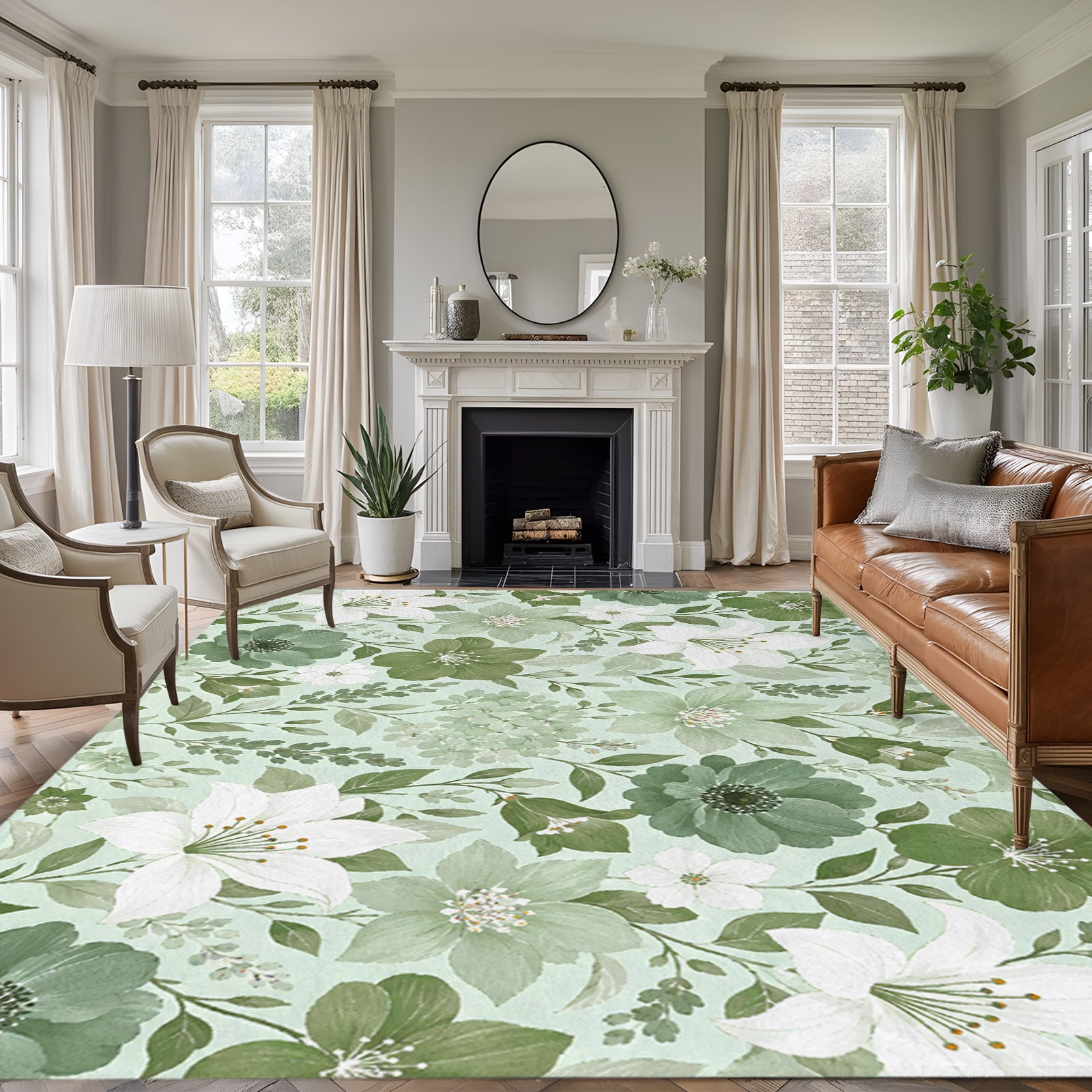 Green Roses Rug Area Rug for Living Room, Sage Green Spring Floral Non-Slip Indoor Ex ...