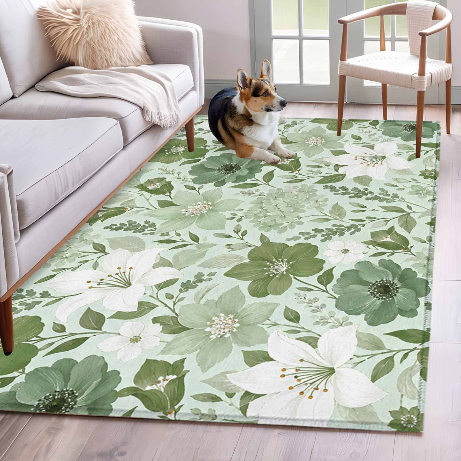Green Roses Rug Area Rug for Living Room, Sage Green Spring Floral Non-Slip Indoor ...