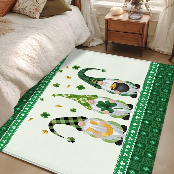 Area Rug for Living Room, Saint Patrick's Day Non-Slip Indoor Large Carpet for Bedroom/Dining Room, Green Gnomes Shamrock Gold Coin Washable Low-Profile Rectangle Floor Runner Rugs - 4 x 6 Ft