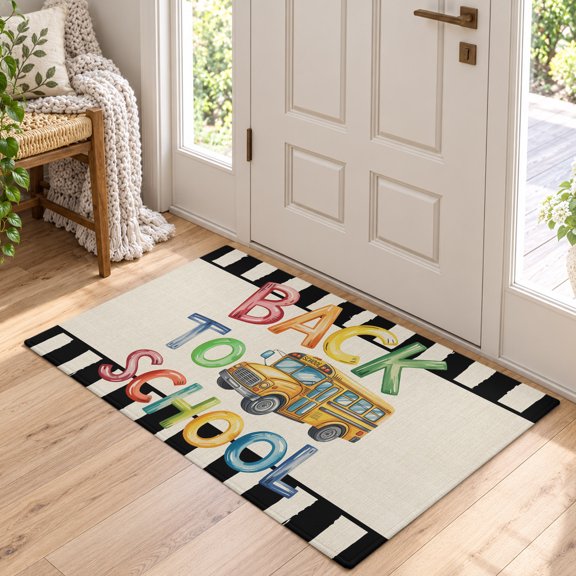 Area Rug for Living Room School Bus Black Stripe Burlap Washable Rug 2x3ft, Soft Non-Slip Cushion Rugs Chenille Sponge, Back to School Colorful Word Floor Carpet for Bedroom Dining Room Office