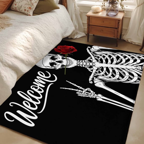 Area Rug for Living Room, Skeletons Roses Non-Slip Indoor Large Carpet for Bedroom/Dining Room, Horror Minimalism Modern Aesthetic Washable Low-Profile Rectangle Floor Mat Runner Rugs - 3 x 5 Ft