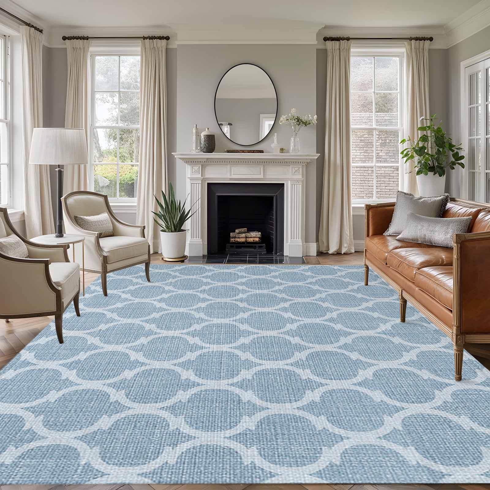 Low Profile Blue Rug Area Rug for Living Room, Sky Blue Morocco Non-Slip Indoor Large Carpet ...