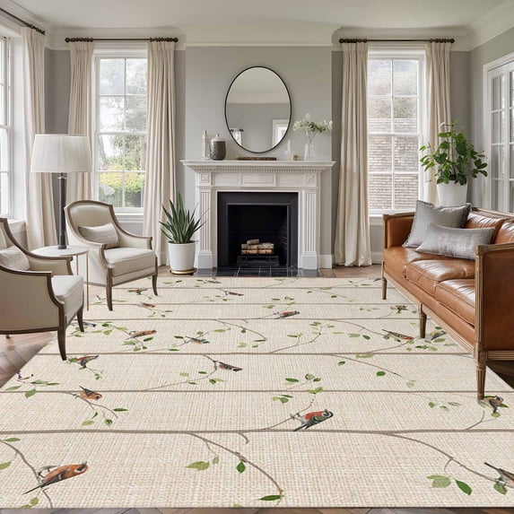 Area Rug for Living Room, Sparrow Non-Slip Indoor Large Carpet for Bedroom/Dining Room, Spring Birds on The Branches Retro Country Beige Washable Low-Profile Rectangle Floor Runner Rugs - 5 x 8 Ft