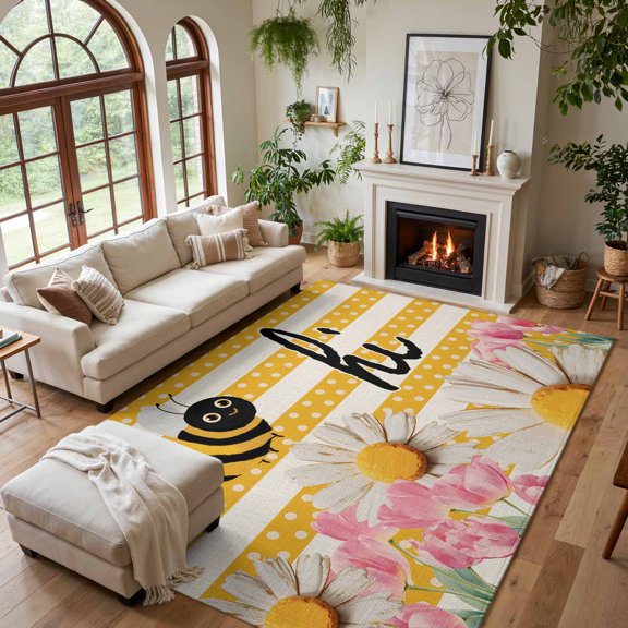 Area Rug for Living Room Spring Bees Pink Tulips Daisy Flower Washable Rug 5x7ft, Soft Non-Slip Cushion Rugs, Vintage Yellow Stripe Floor Carpet for Bedroom Dining Room Office Nursery
