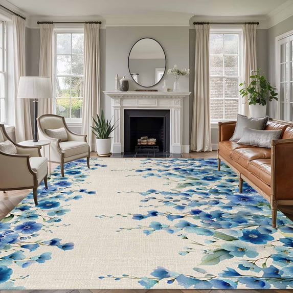 Area Rug for Living Room, Spring Blue Floral Non-Slip Indoor Large Carpet for Bedroom/Dining Room, Farmhouse Weeping Floral Leaves Burlap Washable Low-Profile Rectangle Floor Runner Rugs - 5 x 7 Ft