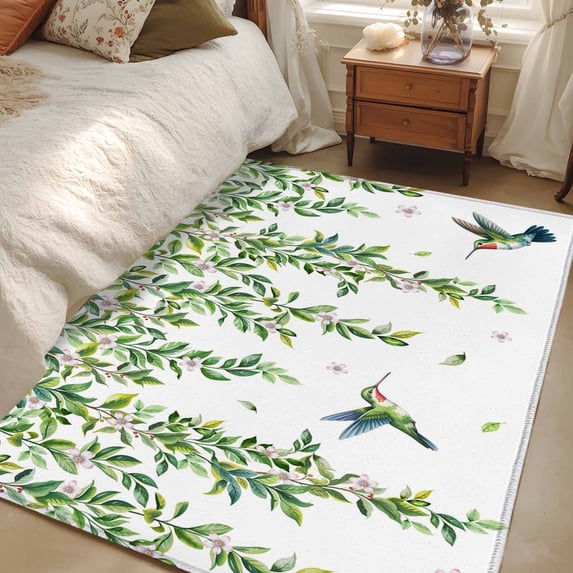 Area Rug for Living Room, Spring Botanical Non-Slip Indoor Large Carpet for Bedroom/Dining Room, Watercolor Leaves Flowers Birds Country Washable Low-Profile Rectangle Floor Runner Rugs - 4 x 6 Ft