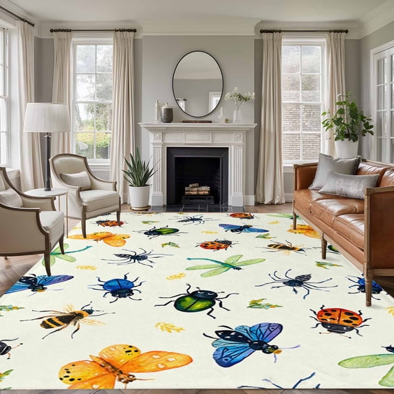 Area Rug for Living Room, Spring Butterfly Dragonfly Non-Slip Indoor Large Carpet for Bedroom/Dining Room, Beige Botanical Floral Rustic Washable Low-Profile Rectangle Floor Runner Rugs - 5 x 7 Ft