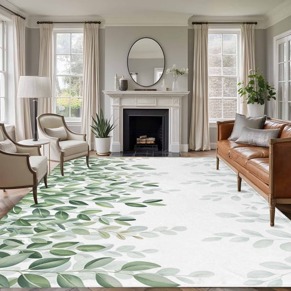 Area Rug for Living Room, Spring Emerald Green Eucalyptus Non-Slip Indoor Ex Large Carpet for Bedroom/Dining Room, Botanical Leaf Country Washable Low-Profile Rectangle Floor Runner Rugs - 8 x 10 Ft