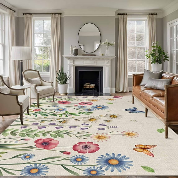 Area Rug for Living Room, Spring Floral Non-Slip Indoor Large Carpet for Bedroom/Dining Room, Pink Blue Flowers Butterfly Rustic Washable Low-Profile Rectangle Floor Runner Rugs - 5 x 8 Ft