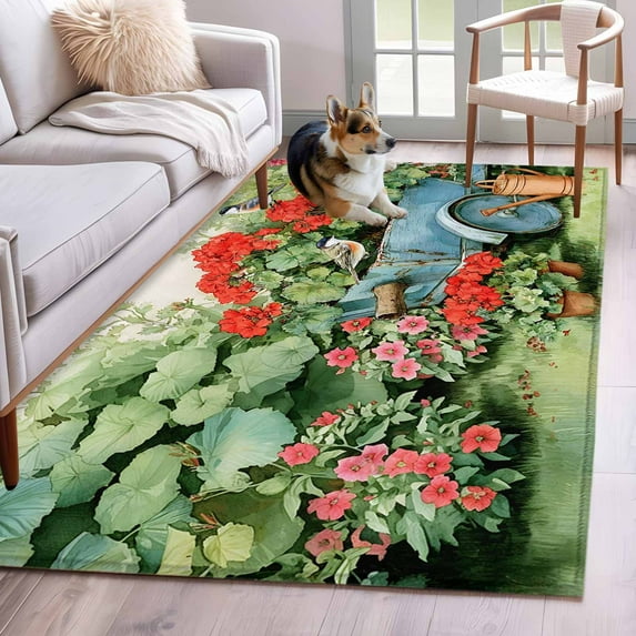 Area Rug for Living Room, Spring Floral Non-Slip Indoor Large Carpet for Bedroom/Dining Room, Red Flowers Watercolor Botanical Farmhouse Washable Low-Profile Rectangle Floor Runner Rugs - 4 x 6 Ft
