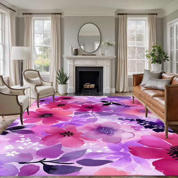 Area Rug for Living Room, Spring Floral Non-Slip Indoor Large Carpet for Bedroom/Dining Room, Watercolor Flowers Leaves Vintage Washable Low-Profile Rectangle Floor Runner Rugs - 5 x 8 Ft