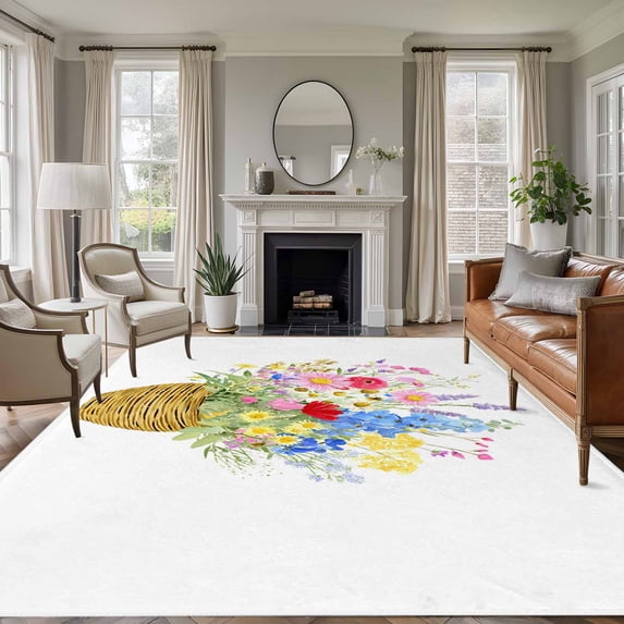 Area Rug for Living Room, Spring Flowers Basket Non-Slip Indoor Ex Large Carpet for Bedroom/Dining Room, Colorful Floral Botanical Leaves Washable Low-Profile Rectangle Floor Runner Rugs - 8 x 10 Ft