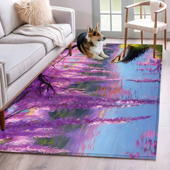Area Rug for Living Room, Spring Flowers Non-Slip Indoor Large Carpet for Bedroom/Dining Room, Purple Vine Lake Boat Grass Vintage Oil Painting Washable Low-Profile Floor Mat Runner Rugs - 2.7 x 5 Ft