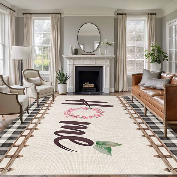 Area Rug for Living Room, Spring Flowers Non-Slip Indoor Large Carpet for Bedroom/Dining Room, Vintage Watercolor Black Plaid on Linen Washable Low-Profile Rectangle Floor Runner Rugs - 5 x 8 Ft